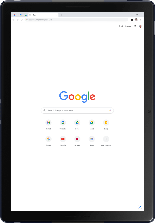 Pixel Slate-surfplatta i porträttläge som visar Googles startsida.