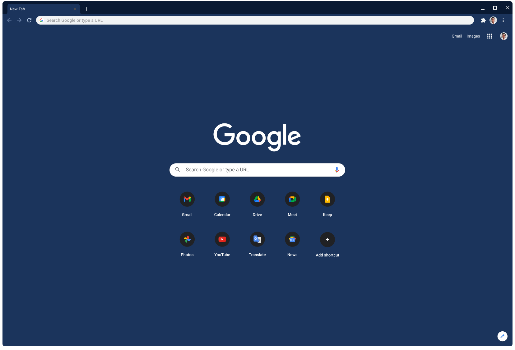 Ett webbläsarfönster i Chrome visar Google.com med temat Slate.