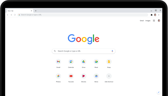 Det övre vänstra hörnet av en Pixelbook Go-laptop med en skärm som visar sökfältet på Google.com och favoritappar.