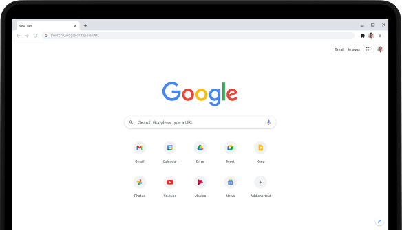 Det övre vänstra hörnet av en Pixelbook Go-laptop med en skärm som visar sökfältet på Google.com och favoritappar.