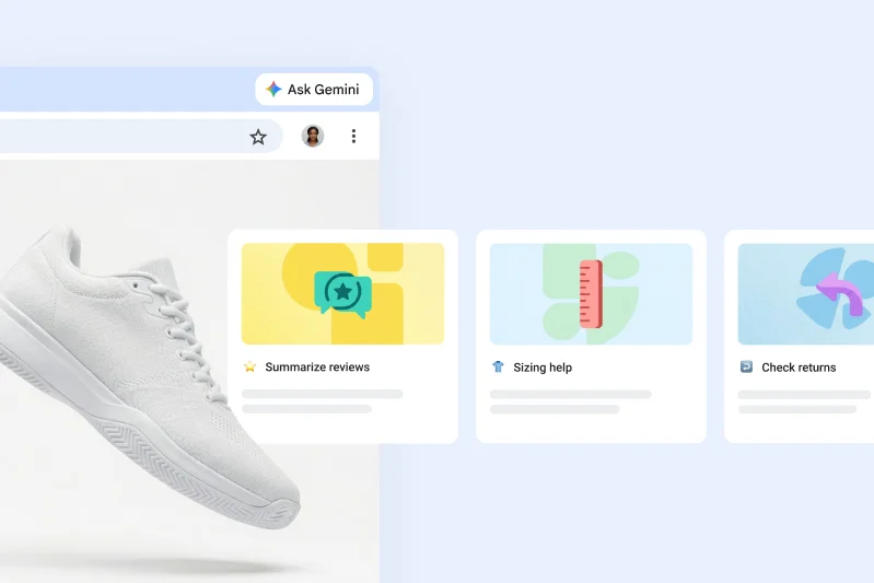 A variety of Gemini in Chrome skills related to online shopping, like summarize reviews, get sizing help, or check returns