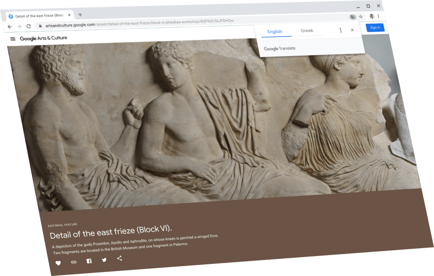 Visar en sida från Google Arts & Culture med en dialogruta för Google Översätt upptill. Där översätts texten till engelska.