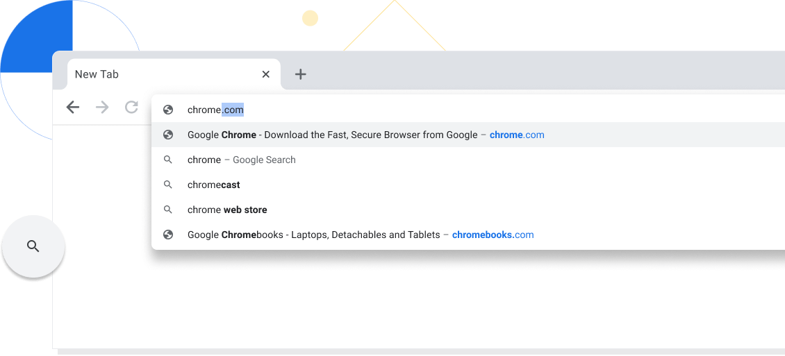 Inzoomad vy över en ny flik i ett webbläsarfönster i Chrome med chrome.com i adressfältet.