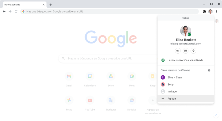 Navegador Chrome que muestra el cuadro de diálogo del alternador de perfiles.
