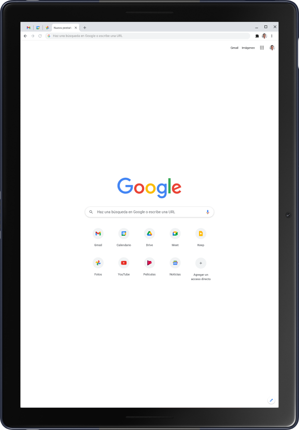 Tablet Pixel Slate en modo retrato que muestra la página principal de Google.