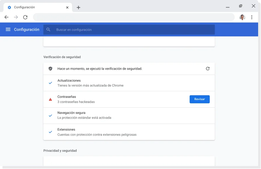 Ventana del navegador Chrome que muestra la configuración de cuenta y sincronización para las Cuentas de Google, con la sincronización habilitada.