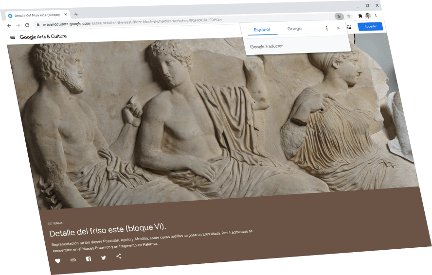 Se muestra la página de Google Arts & Culture con un cuadro de diálogo de Google Traductor en la parte superior, donde se ve la traducción al inglés.