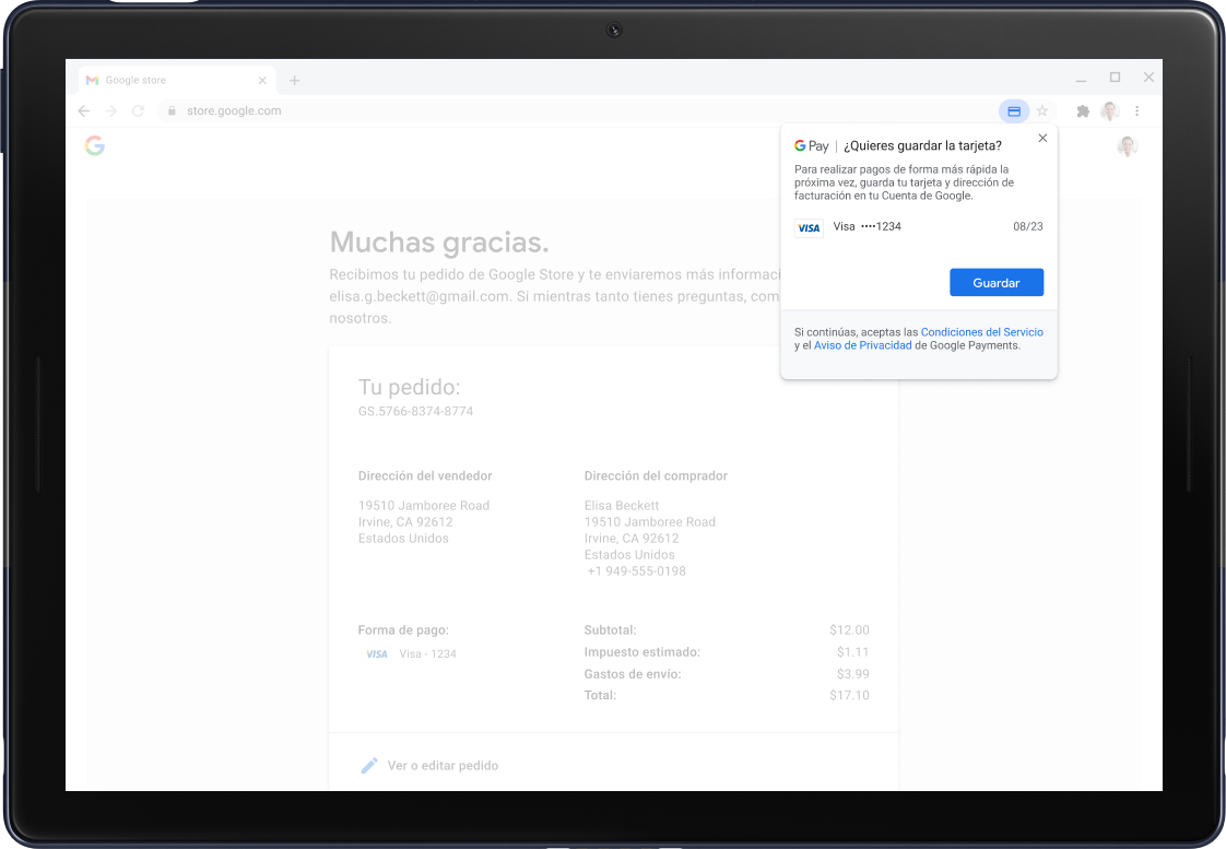 Google Pay confirmation screen shown on a Pixel Slate Tablet.
