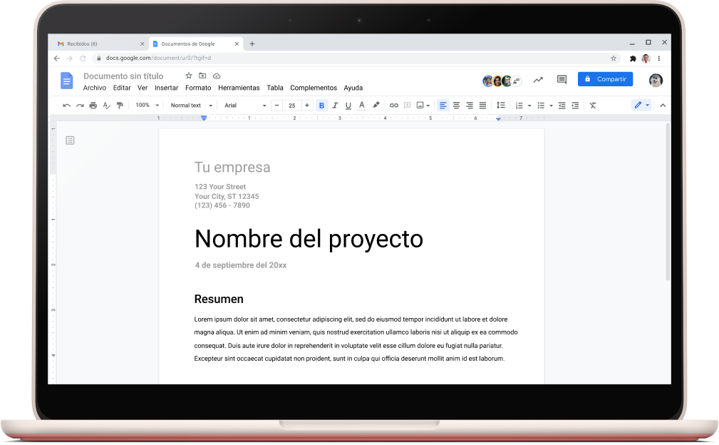Pantalla de Documentos de Google que muestra una plantilla de proyecto abierta.