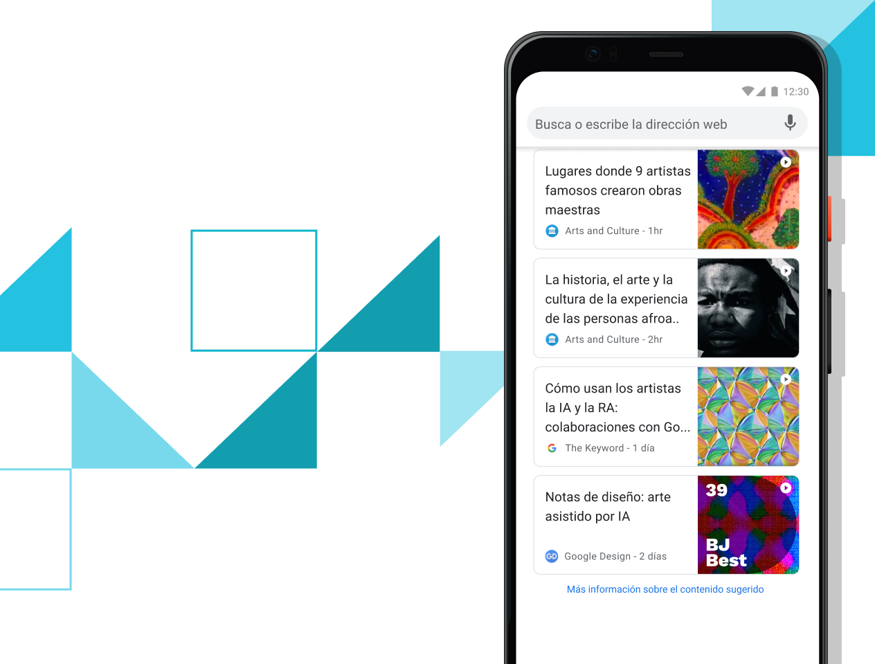 Artículos para ti Pantalla del teléfono Pixel 4 XL que muestra enlaces a artículos seleccionados.
