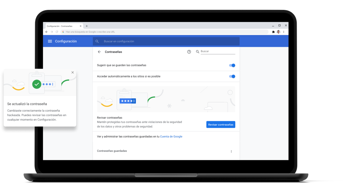 Verificación de contraseña Pixelbook Go laptop with screen displaying Chrome password check with a passsword update dialog box.