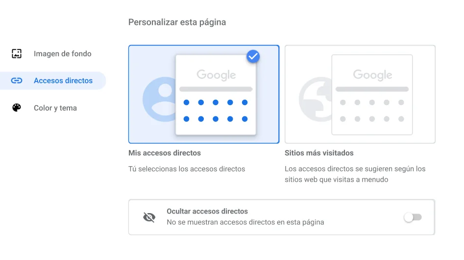 Ventana de configuración del navegador Chrome que muestra el diálogo Accesos directos.