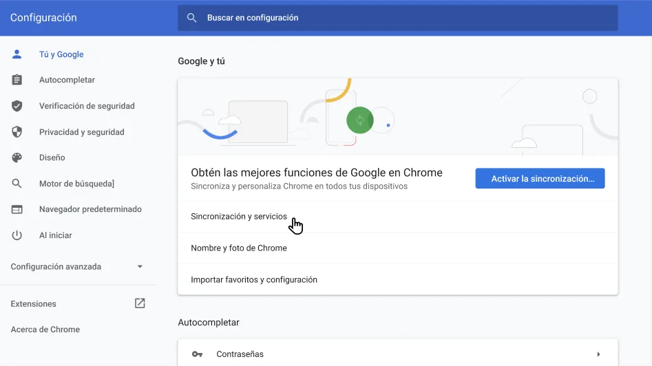 Ventana de configuración del navegador Chrome que muestra el menú de opciones Tú y Google.