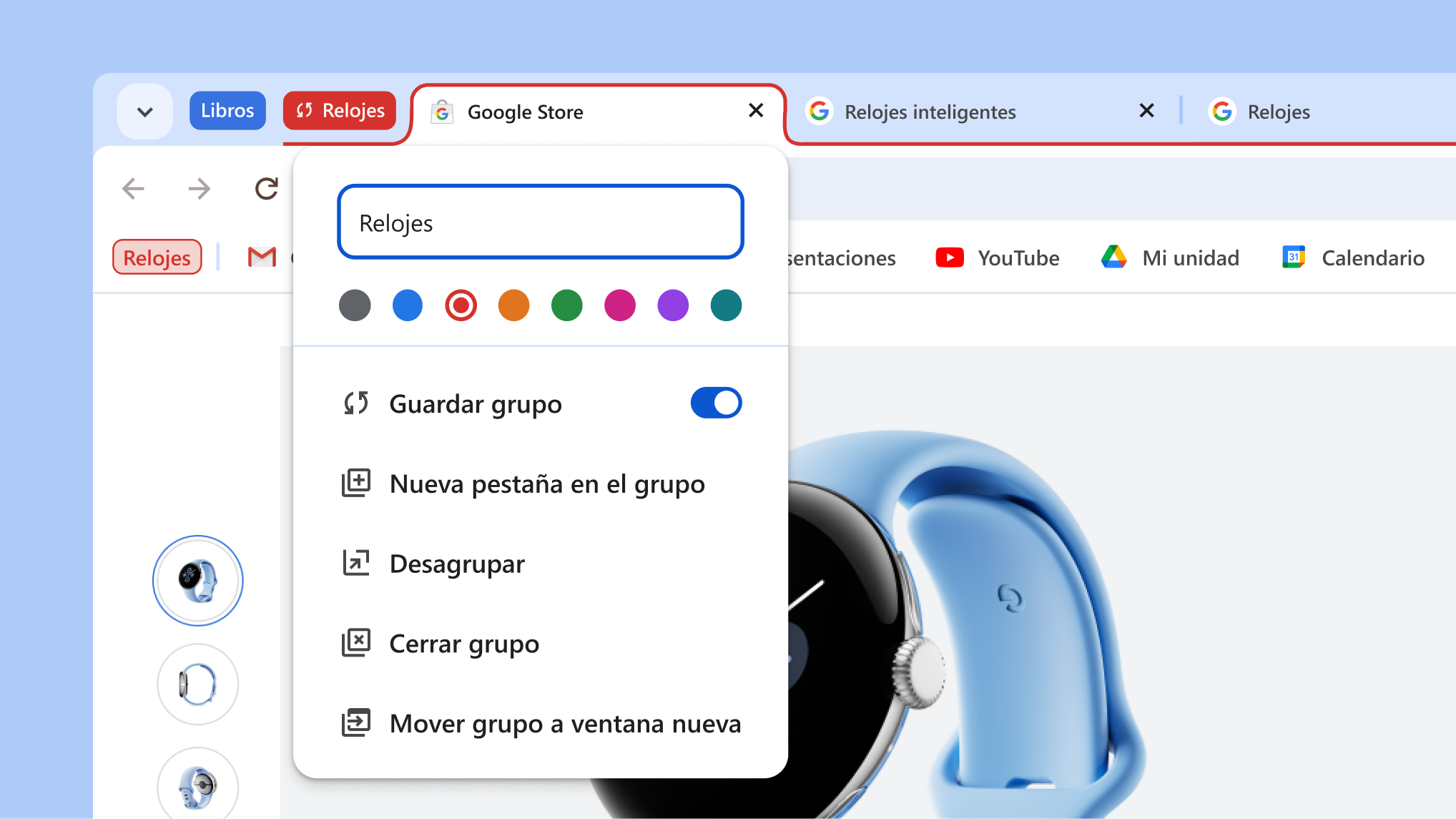 Grupo de pestañas abierto que muestra las nuevas funciones para guardar y ocultar el grupo