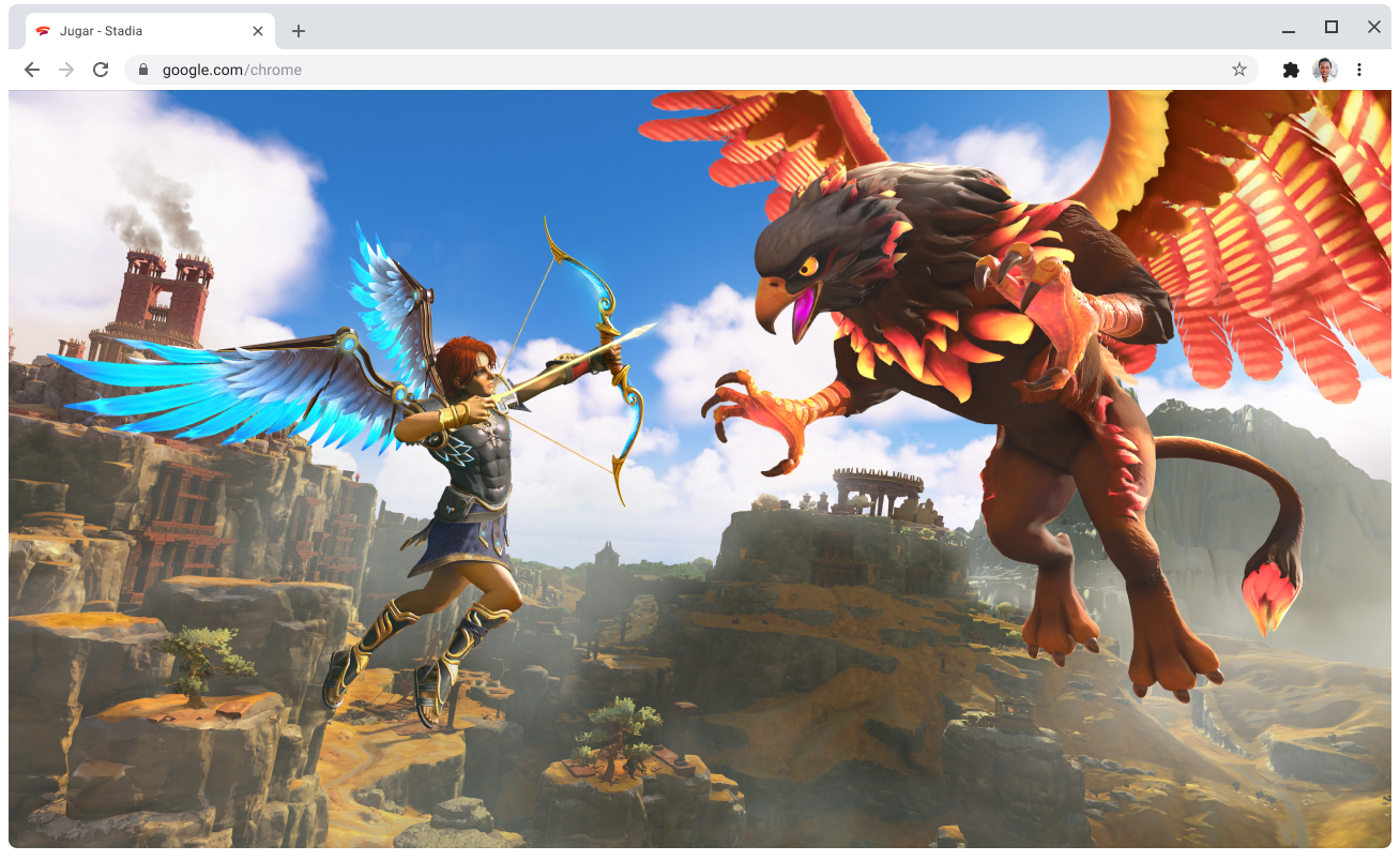 Se muestra la página web stadia.google.com con una partida en curso.