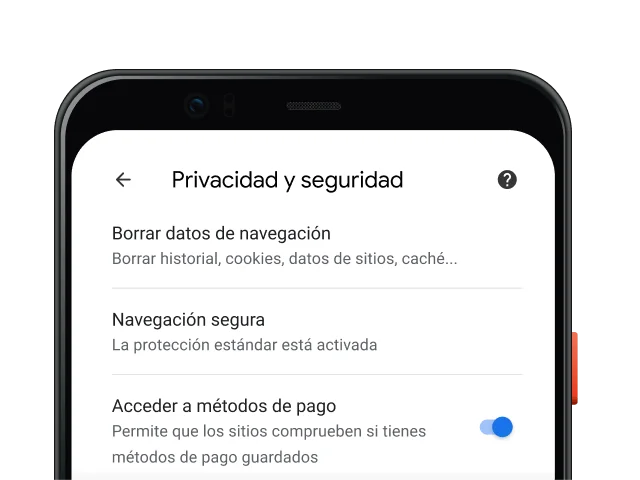 Página de ajustes de privacidad y seguridad del navegador Chrome en un dispositivo móvil.