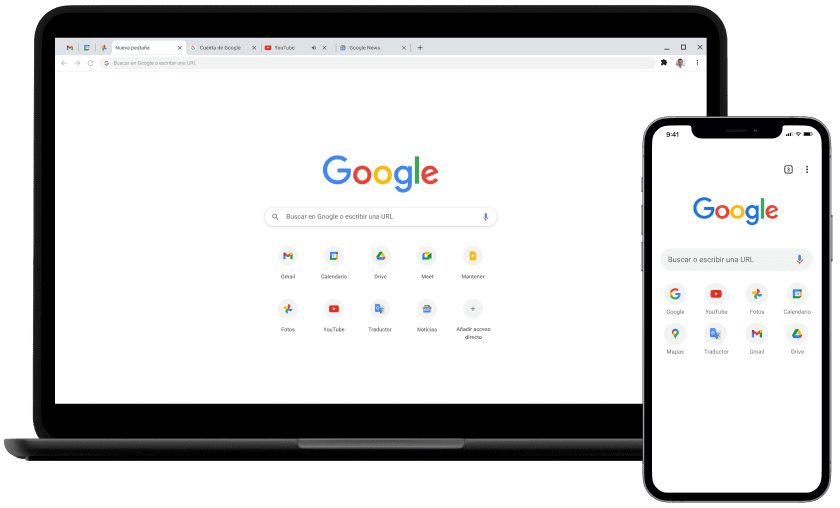 Portátil y dispositivo móvil donde se muestra la página principal de Google.com.
