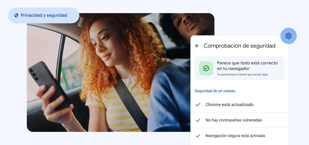 Una mujer mirando su móvil. Se muestran elementos que dicen “Privacidad y Seguridad“ con una alerta sobre contraseñas vulneradas.