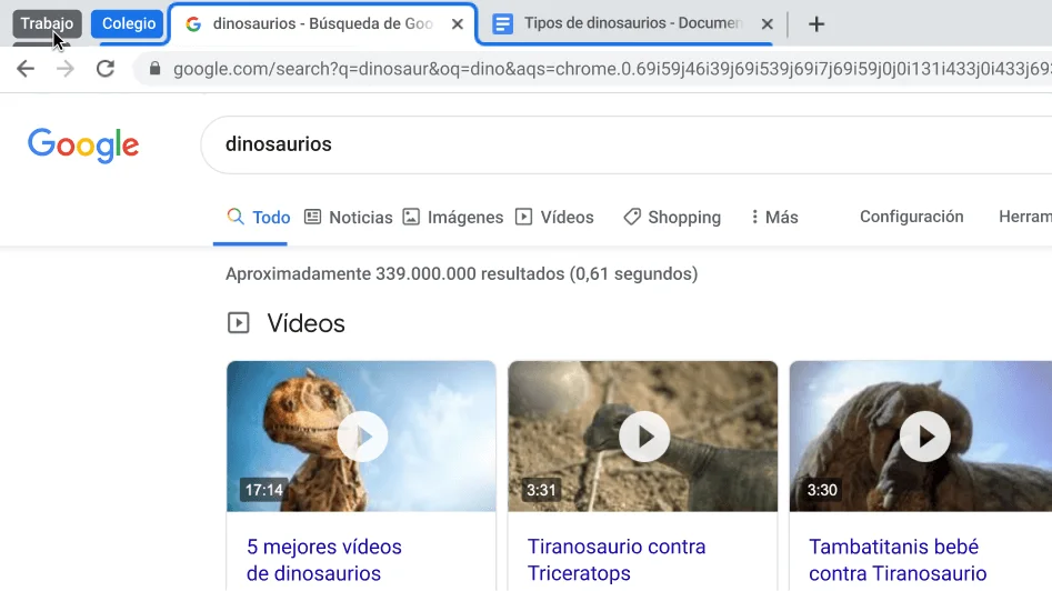 Ventana del navegador Chrome que muestra cómo se oculta un grupo de pestañas.