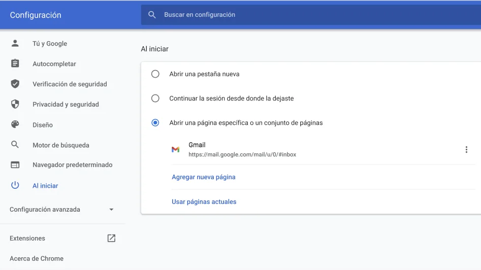 Ventana de configuración del navegador Chrome que muestra el menú de opciones Al iniciar.