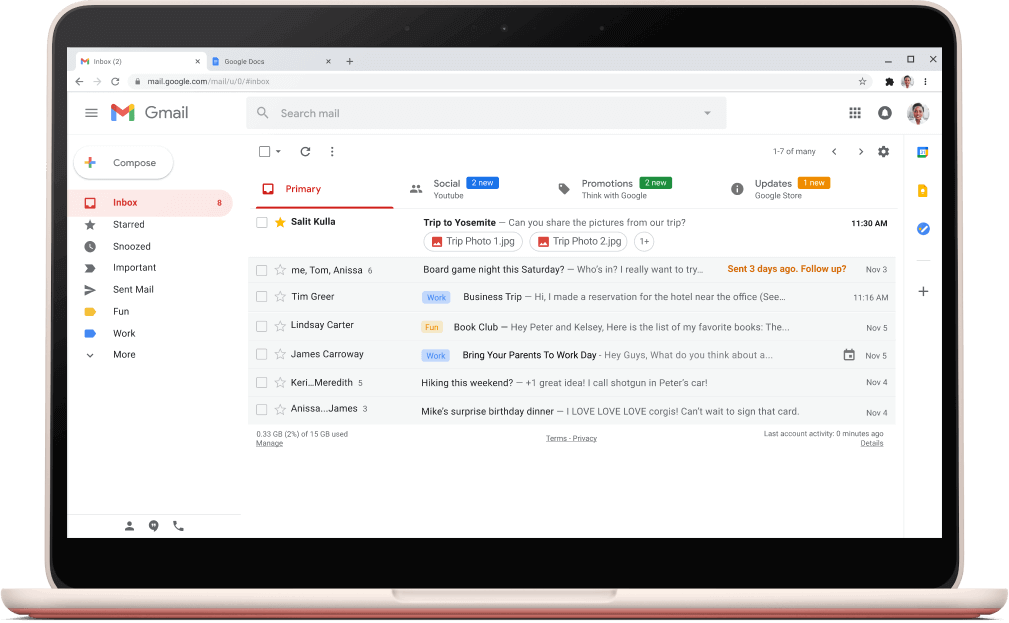 Gränssnittsskärm i Gmail med e-postmeddelanden i en lista.