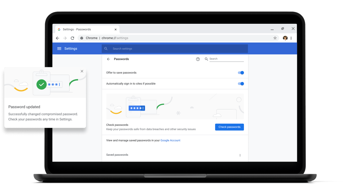 Lösenordskontroll Pixelbook Go laptop with screen displaying Chrome password check with a passsword update dialog box.