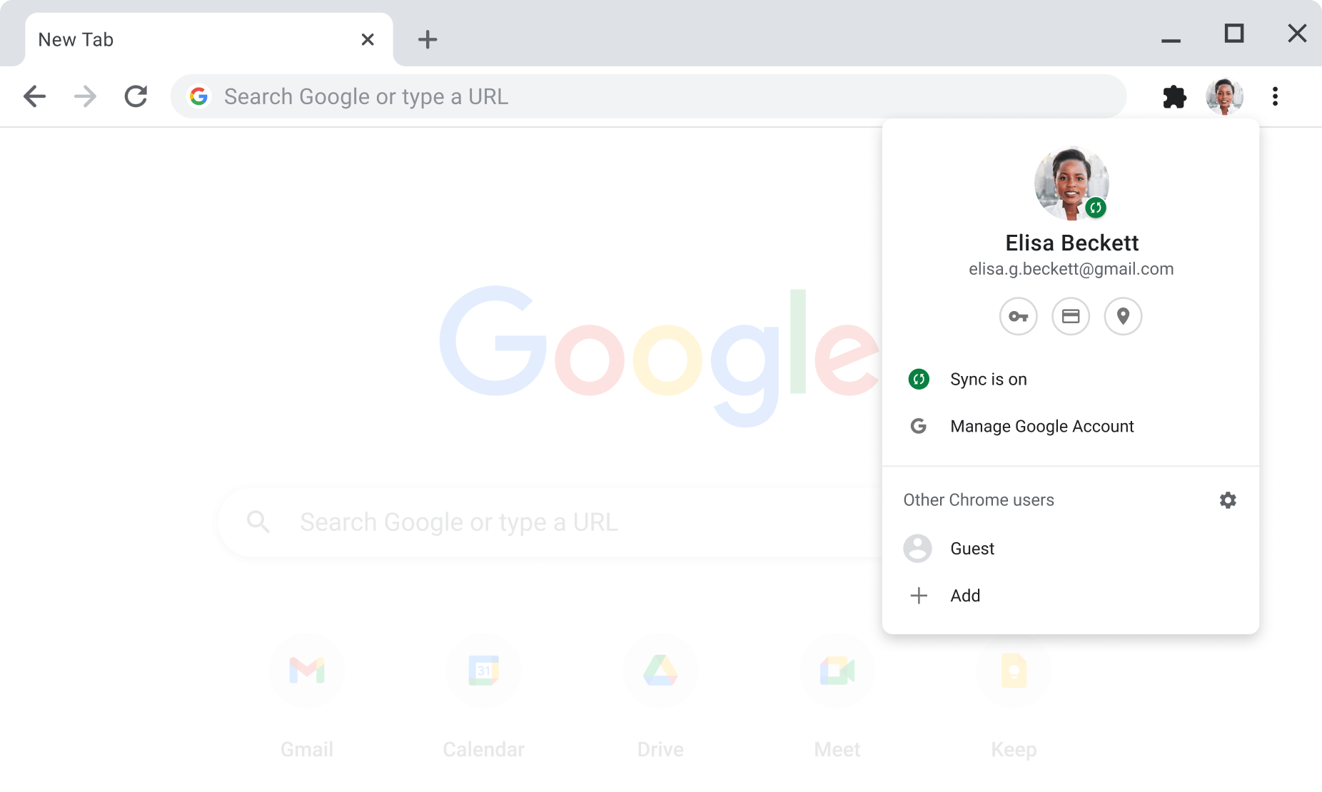 Ett webbläsarfönster i Chrome visar konto- och synkroniseringsinställningar för Google-konton där synkronisering har aktiverats.