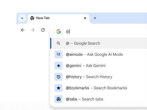 A drop-down with shortcuts for Gemini, History, Bookmarks and Tabs.