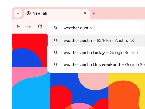 A search for 'weather austin' shows a result that it will be 82° on Friday.