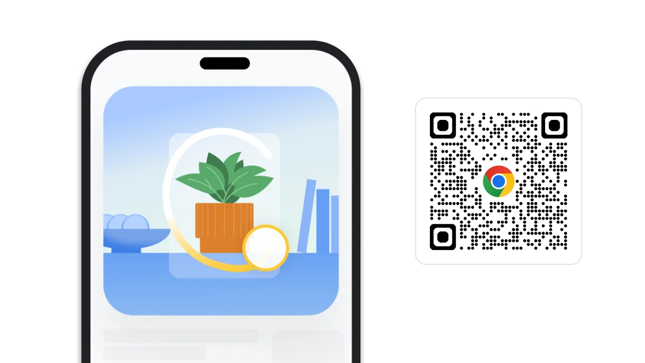 Una imagen de una búsqueda mediante un dibujo en Chrome. Junto a la imagen, hay un código QR que puede usarse para descargar Chrome.